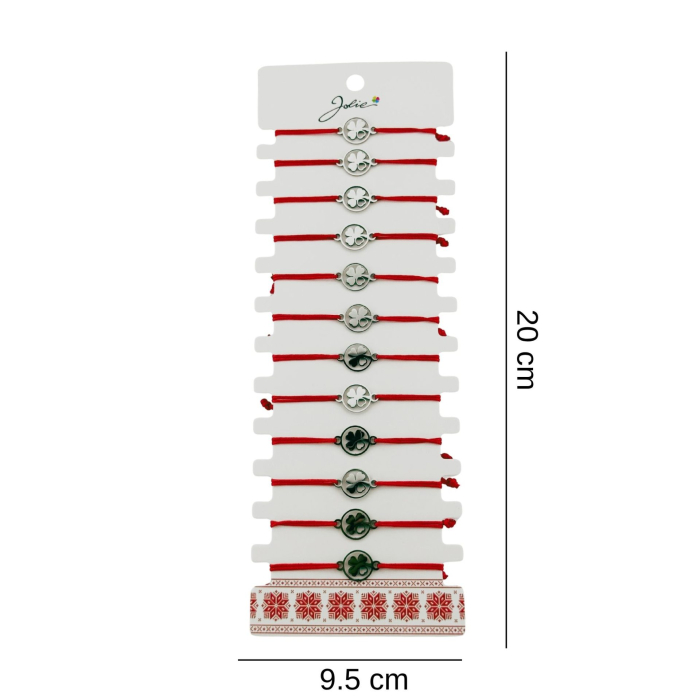 Bratara Martisor pentru Dama, Jolie, Model Trifoi cu Inima, Set 12 bucati, Pandativ Argintiu din Inox cu Snur Rosu Ajustabil [2]
