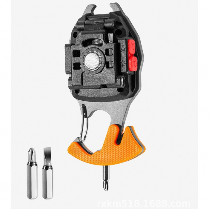 Breloc Multifunctional, Flippy, Model W5147, Kit Supravietuire, Lanterna, Bricheta, Fluier, din ABS/Aluminiu, Alimentare USB, Negru/Portocaliu [4]