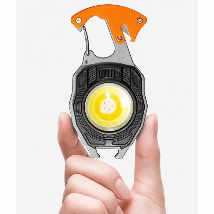 Breloc Multifunctional, Flippy, Model W5147, Kit Supravietuire, Lanterna, Bricheta, Fluier, din ABS/Aluminiu, Alimentare USB, Negru/Portocaliu [3]