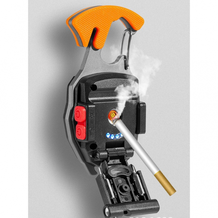 Breloc Multifunctional, Flippy, Model W5147, Kit Supravietuire, Lanterna, Bricheta, Fluier, din ABS/Aluminiu, Alimentare USB, Negru/Portocaliu [6]