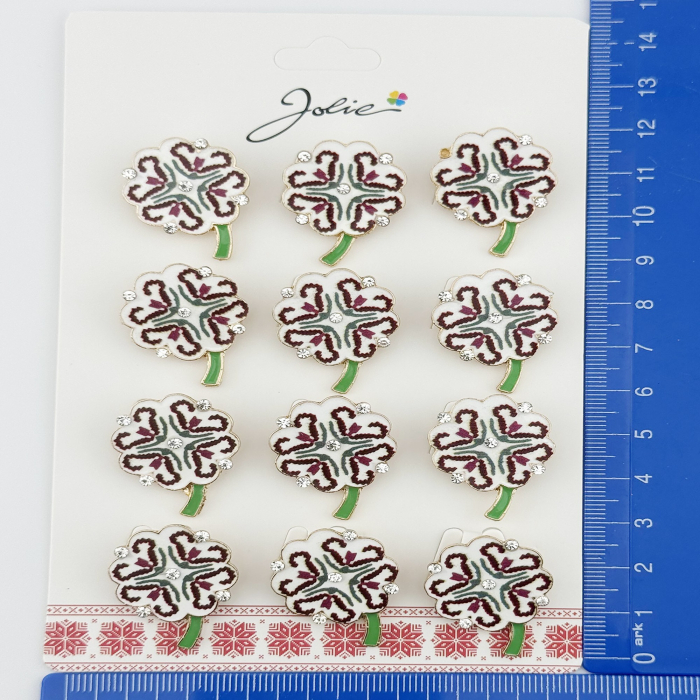Brose Martisor, Jolie, Set 12 Bucati, Model Trifoi Traditional, Metal, 3 cm, Alb [2]