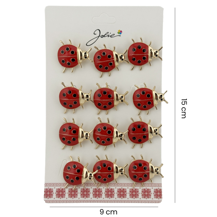 Brose Martisor Primavara, Jolie, Set 12 Bucati, Model Buburuza Mare, Brosa din Metal, 3 x 2 cm per Bucata, Rosu [2]