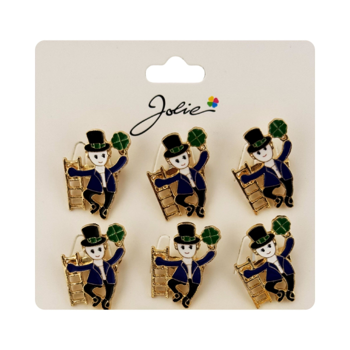 Brose Martisor Primavara Jolie, Set 12 Bucati, Model Elf cu Trifoi Norocos, Brosa din Metal, 3 x 2 cm per Bucata, Albastru inchis [3]