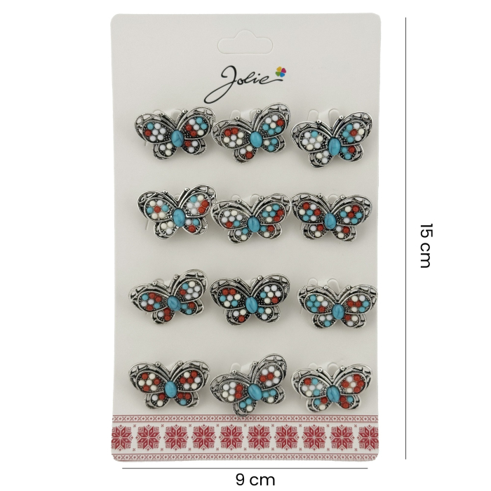 Brose Martisor Primavara, Jolie, Set 12 Bucati, Model Fluture cu Pietre, Brosa din Metal, 3 x 2 cm per Bucata, Argintiu [2]