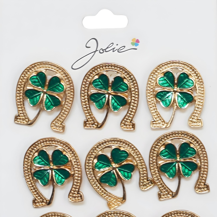 Brose Martisor Primavara, Jolie, Set 12 Bucati, Model Potcoava cu Trifoi, Brosa din Metal, 3 x 2 cm per Bucata, Auriu/Verde [2]