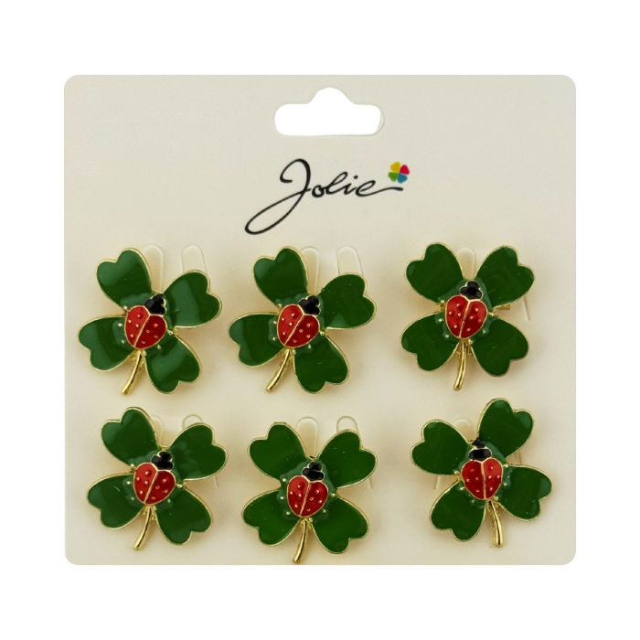 Brose Martisor Primavara, Jolie, Set 12 Bucati, Model Trifoi cu Buburuza, Brosa din Metal, 2.5 x 2.5 cm per Bucata, Verde [3]