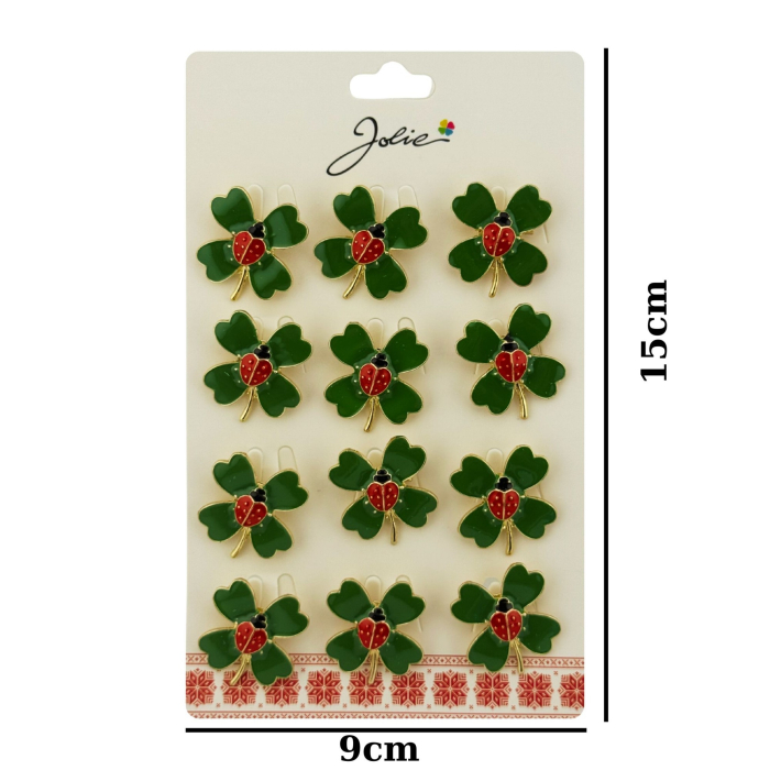 Brose Martisor Primavara, Jolie, Set 12 Bucati, Model Trifoi cu Buburuza, Brosa din Metal, 2.5 x 2.5 cm per Bucata, Verde [2]