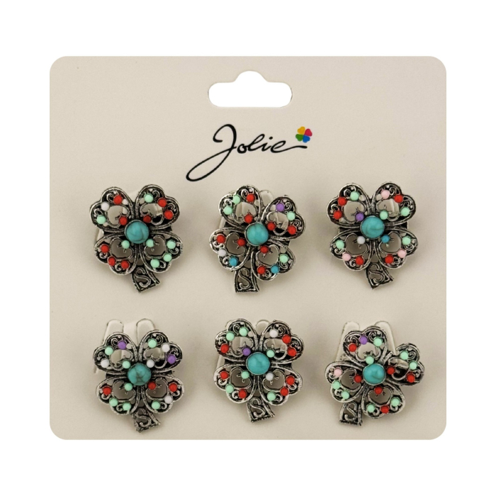 Brose Martisor Primavara, Jolie, Set 12 Bucati, Model Trifoi cu Pietre Decorative, Brosa din Metal, Dimensiune 3 x 2 cm per Bucata, Argintiu/Albastru deschis [3]