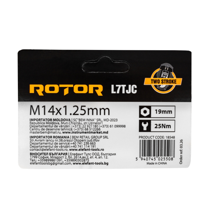 Bujie de aprindere pentru motoare in doi timpi ROTOR L7TJC, 3 electrozi, filet M14 × 1,25 mm, bax 10 bucati [6]