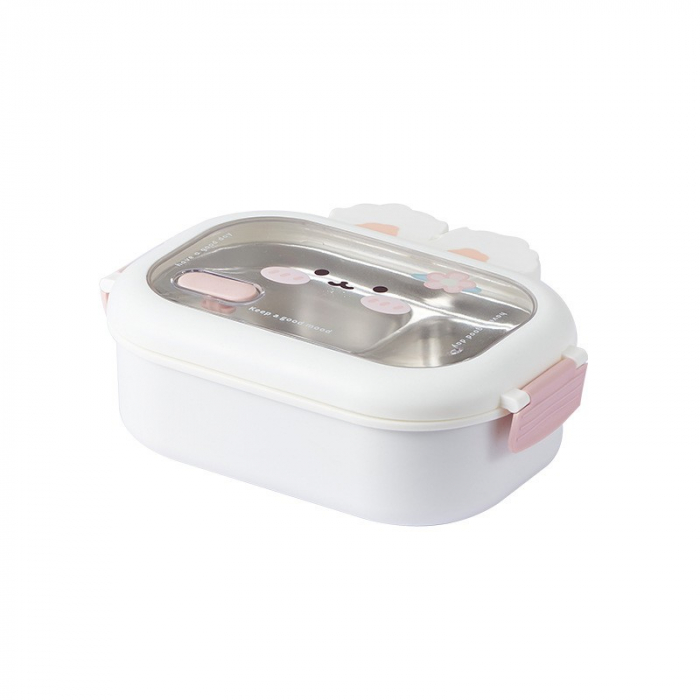Cutie pentru Pranz sau Gustari, Flippy, cu Doua Compartimente, Model Iepuras, pentru Copii si Adulti, Etansare, PP, Perfect pentru Scoala si Birou, 1000 mL, 22x17.8x8 cm, Alb [1]