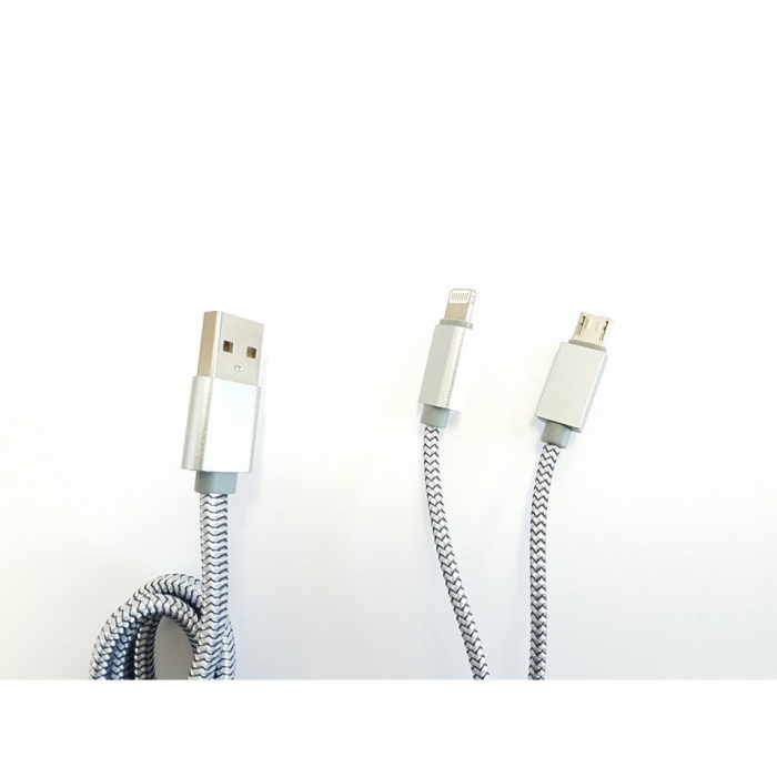 Cablu date Fineblue F-U5 metalic 1 Micro + 1 Lightning Argintiu [4]