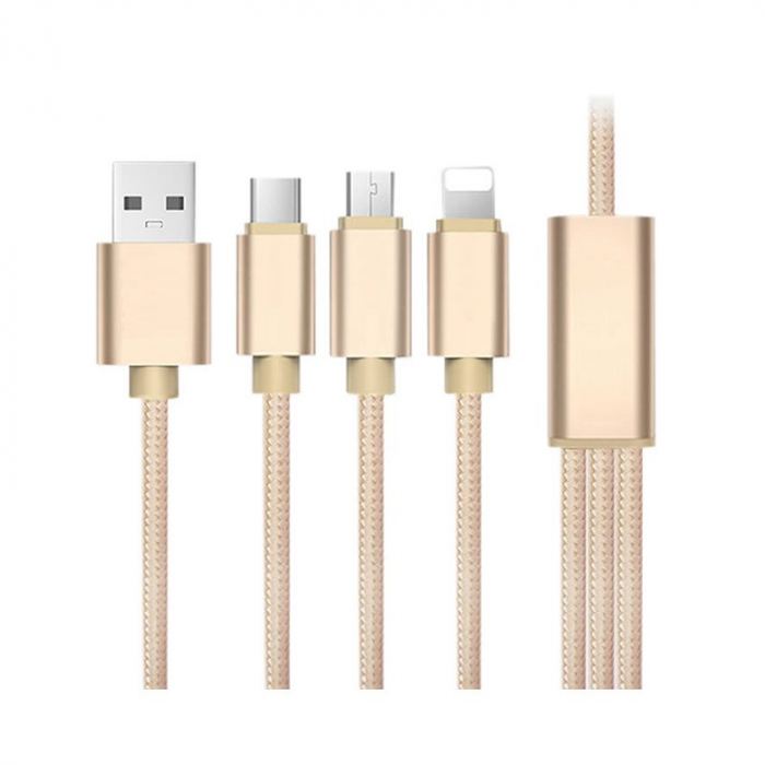 Cablu date Fineblue F-U8 3 in 1 (2Micro + 1 Lightning) Auriu [4]