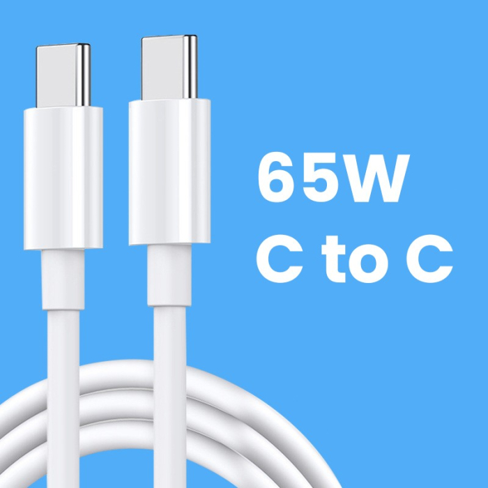 Cablu de Date pentru Telefon, Flippy, Cablu TYPE-C to TYPE-C Universal, Compatibil cu iOS si Android, Power Delivery 65W 130 cupru, 1 M, Simplu, Alb [2]
