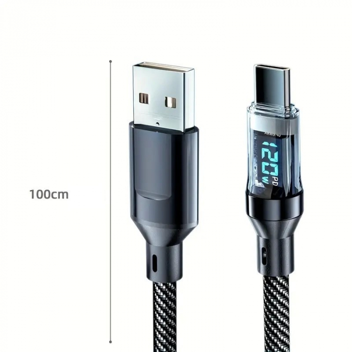 Lichidare Cablu de Date Type C + USB, Flippy, Încarcare Super Rapida, 120 W, Afișaj Digital LED, 1 m, Negru [3]