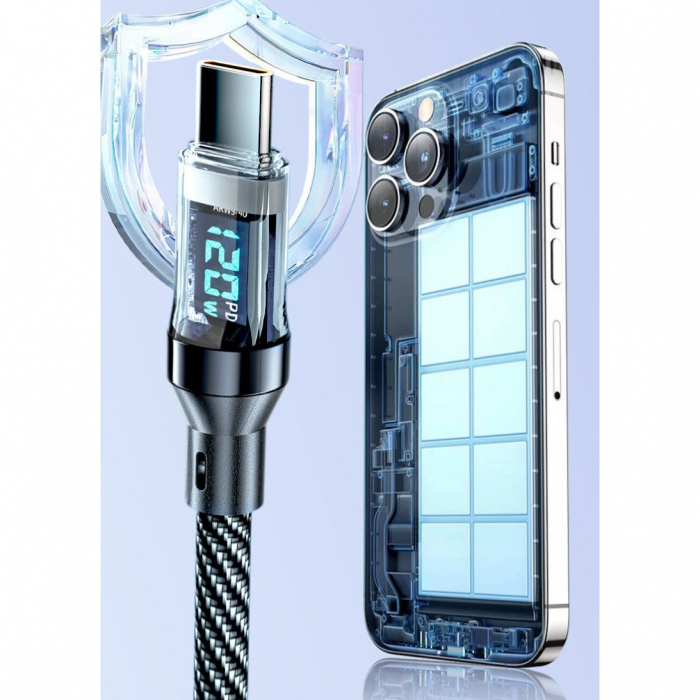 Lichidare Cablu de Date Type C + USB, Flippy, Încarcare Super Rapida, 120 W, Afișaj Digital LED, 1 m, Negru [6]