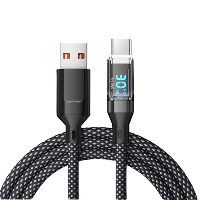 Lichidare Cablu de Date Type C + USB, Flippy, Încarcare Super Rapida, 120 W, Afișaj Digital LED, 1 m, Negru [8]