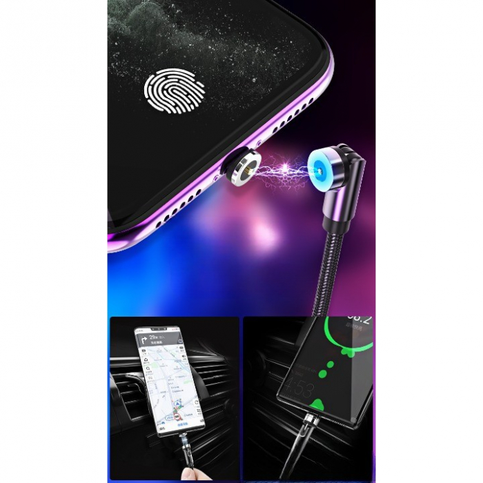 Cablu de incarcare magnetic 3 in 1 360 grade + 180 grade, 1 m, micro, type C, iPhone, 5 V, 2.1 A, Negru [4]