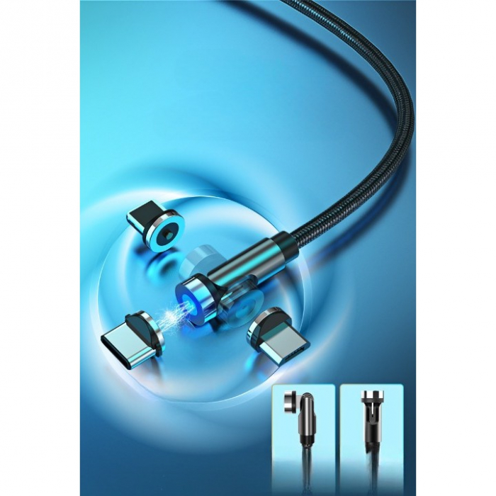 Cablu de incarcare magnetic 3 in 1 360 grade + 180 grade, 1 m, micro, type C, iPhone, 5 V, 2.1 A, Negru [2]