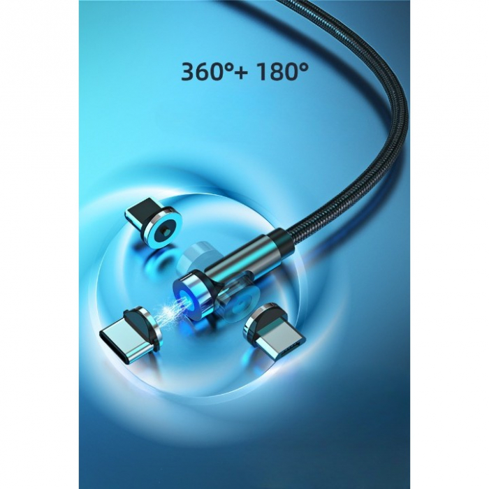 Cablu de incarcare magnetic 3 in 1 360 grade + 180 grade, 2 m, micro, type C, iPhone, 5 V, 2.1 A, Negru [2]