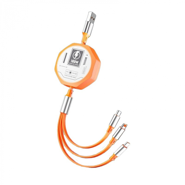Cablu Retractabil 3in 1 pentru Telefon, Flippy, Cablu de incarcare rapida 100W, stil Mecha, potrivit pentru Auto, Universal 1.2M, Portocaliu [1]