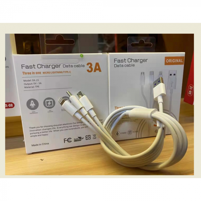 Cablu USB 3in1 Flippy SX - 21, USB la micro USB/USB-C/compatibil iphone, 3A, 1.2m (alb) [3]