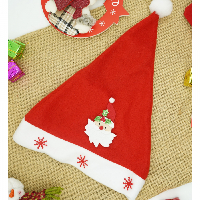 Caciulita de Mos Craciun, Flippy,cu model de Mos Craciun si ornament fulg de nea, rosie, marime universala, material textil [2]