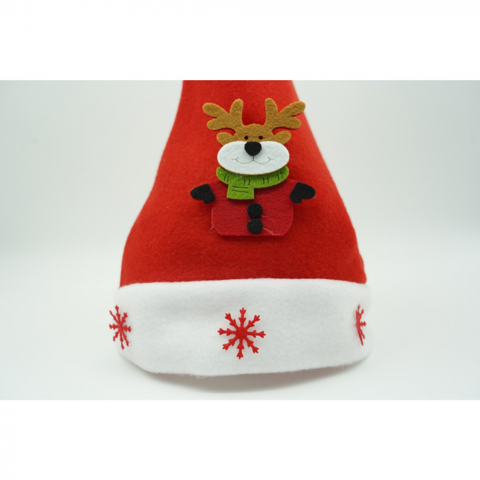 Caciulita de Mos Craciun, Flippy,cu model de Ren si ornament fulg de nea, rosie, marime universala, material textil [4]