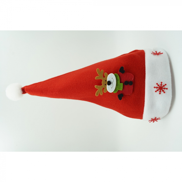 Caciulita de Mos Craciun, Flippy,cu model de Ren si ornament fulg de nea, rosie, marime universala, material textil [3]