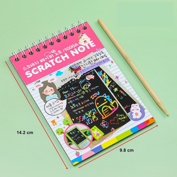 Caiet cu fise razuibile Flippy, DIY Magic Scratch, 12 File, Curcubeu, Creion din Lemn, Cartonase negre, 14.2 x 9.8 cm, Roz deschis [2]