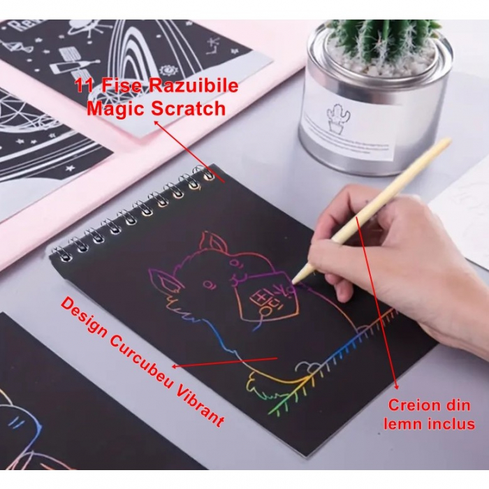 Caiet cu fise razuibile Flippy, DIY Magic Scratch, 12 File, Curcubeu, Creion din Lemn, Cartonase negre, 14.5 x 10 cm, verde [5]