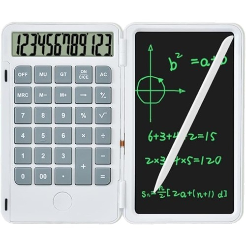 Calculator de Mana Reincarcabil cu Tabla de Scris, Flippy, Calculator Portabil, Ecran LCD, Afisaj cu 12 Cifre, Ecran de 15 cm, Culoare Alb [1]