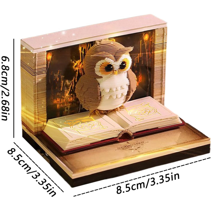 Calendar Interactiv 3D 2026, Flippy, Calendar de Sculptura cu Luminite LED, Bufnita Magic World, pentru Copii, Calendar de Birou Ornamentat, 9 x 9 x 6.8 cm, Maro [6]