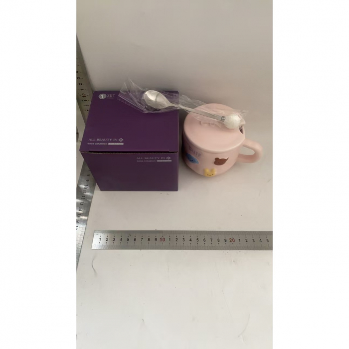 Cana ceramica, Flippy, din Portelan, print Figurine Animalute, Cana penru Copii, Model CUTE, Cana cu Lingura si Capac, Ceasca pentru Cafea, Ceai, 400ml Roz [2]