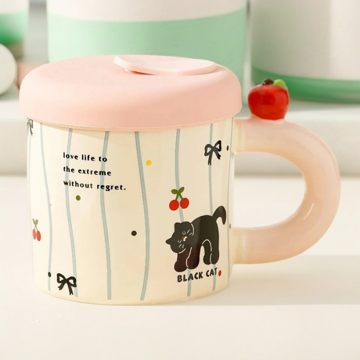 Cana din Ceramica cu Capac si Pai, Flippy, Capacul si Paiul din Silicon Roz, 9x8.5 cm, Model Cute A, Capacitate 380ml [2]