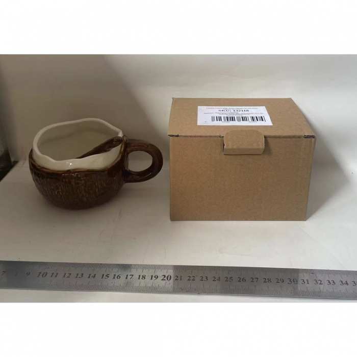 Cana din Ceramica, Flippy, 201-300 ml, cu Lingurita, Model Nuca de Cocos, Maro [2]