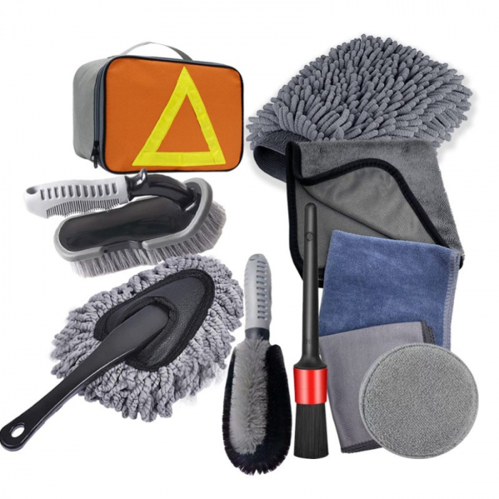 Set 10 Piese pentru Spalat Auto, Flippy, din Plastic si Microfibra, Perii si Lavete, Model C, Gri [1]
