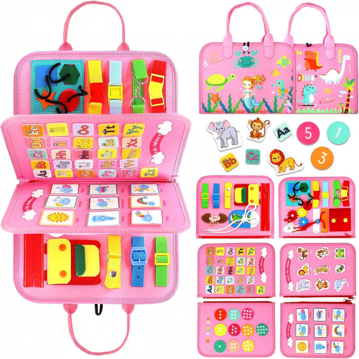 Carte Senzoriala Educativa Montessori 7in1, Flippy, 26 de Activitati, Dezvoltare Abilitati Motorii, 4 Pagini, Model Dinozauri, 28x22x7 cm, Roz [7]