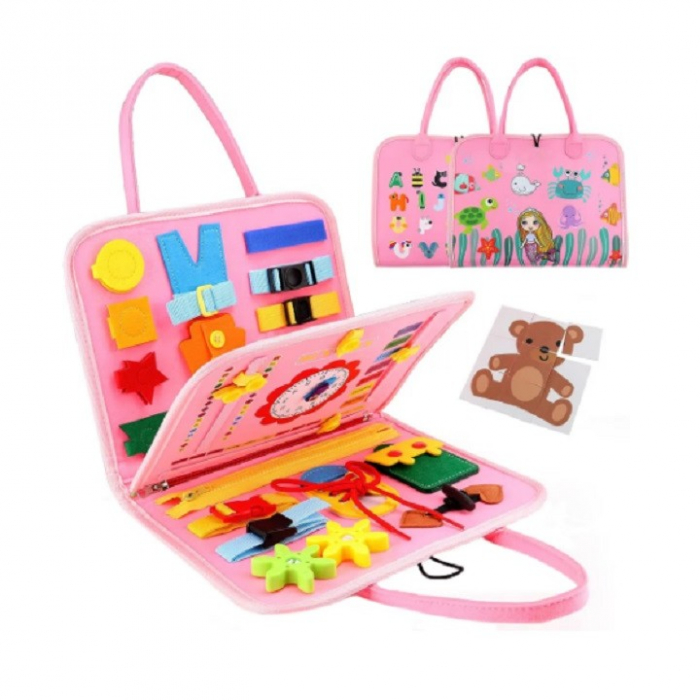 Carte Senzoriala Educativa Montessori, Flippy, Dezvoltare Abilitati Motorii, 3 Pagini, Model Sirena si Alfabet, 28x25x4 cm, Roz [1]