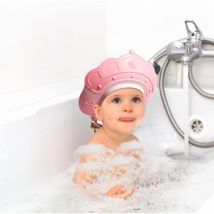 BF-Casca de Dus, Flippy, Previne Scurgerea Apei si Samponului pe Fata, 0-12 Ani, Ajustabila, din TPE+PP, 20 x 23 cm, Model Coroana, Roz [2]