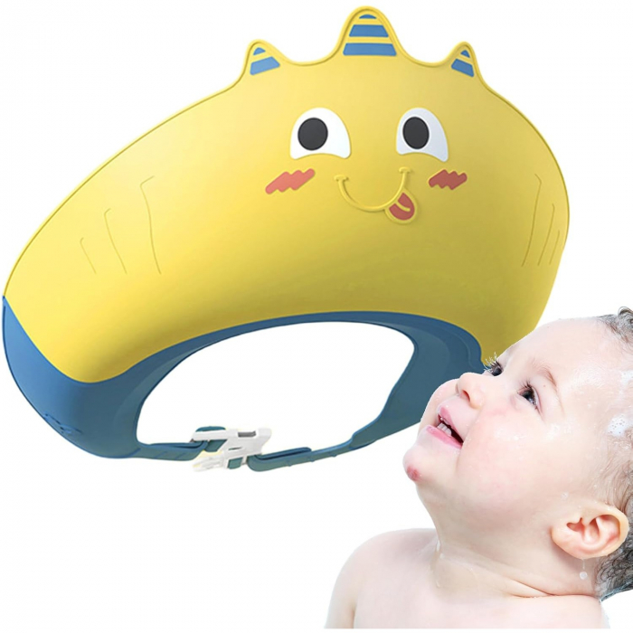 Lichidare de stoc Casca de Dus, Flippy, Previne Scurgerea Apei si Samponului pe Fata, 0-12 Ani, Ajustabila, din TPE+PP, 20 x 23 cm, Model Unicorn, Galben/Albastru [5]
