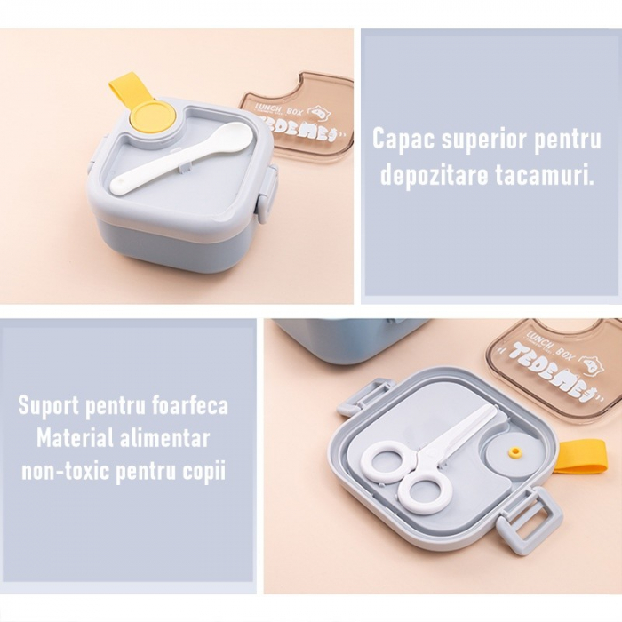 Caserola pentru copii Flippy, lunch box, 750 ml, doua boluri, lingura, foarfeca din plastic, rezistenta la scurgeri, Albastra [7]