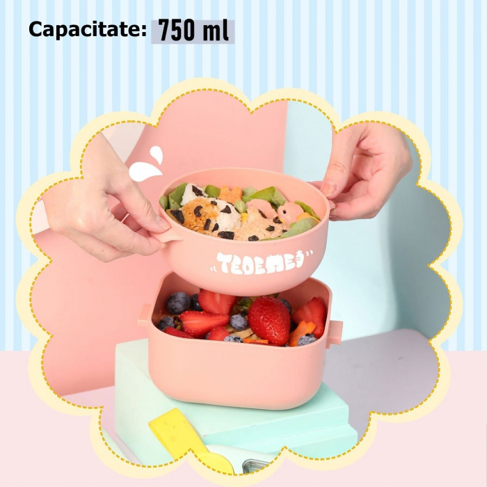 Caserola pentru copii Flippy, lunch box, 750 ml, doua boluri, lingura, foarfeca din plastic, rezistenta la scurgeri, Roz [12]