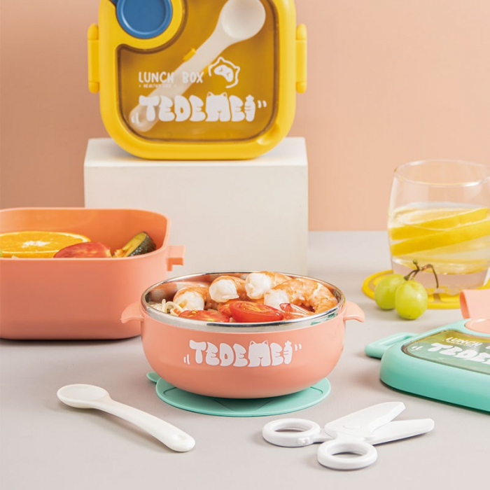 Caserola pentru copii Flippy, lunch box, 750 ml, doua boluri, lingura, foarfeca din plastic, rezistenta la scurgeri, Roz [9]