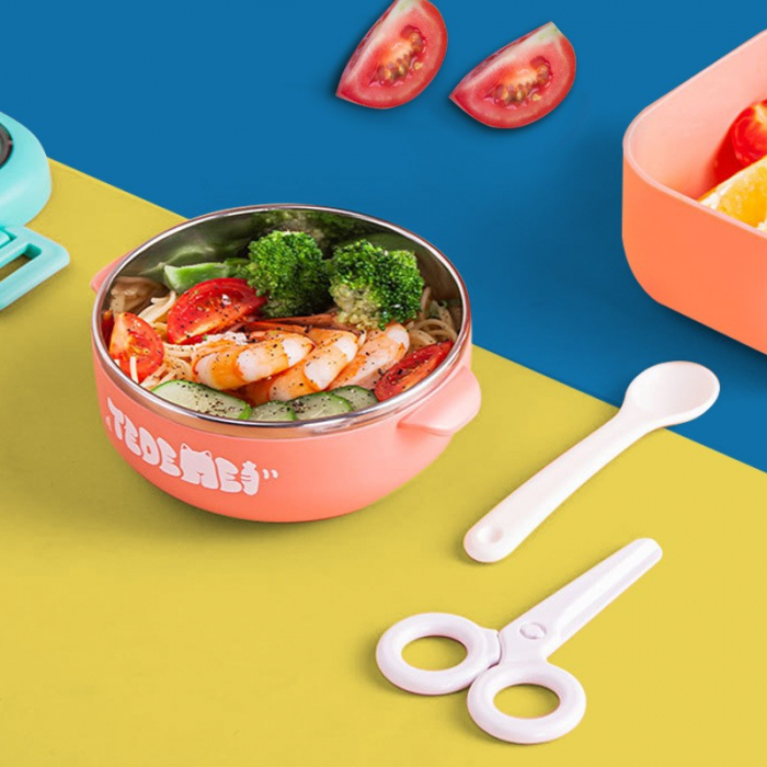 Caserola pentru copii Flippy, lunch box, 750 ml, doua boluri, lingura, foarfeca din plastic, rezistenta la scurgeri, Roz [10]