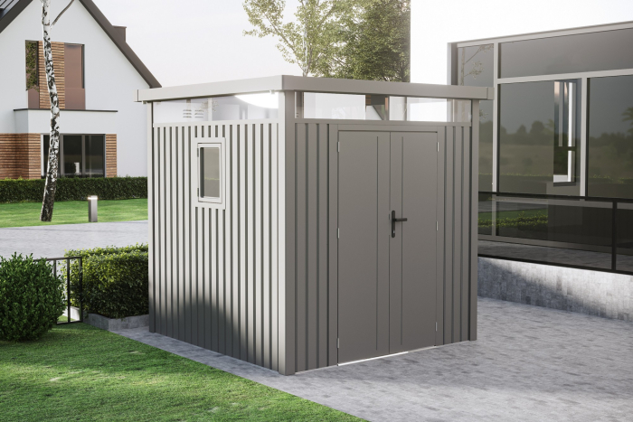 Casuta / magazie de gradina premium metalica, KLUGMEISTER Anna-B Gri Aluminiu, dimensiuni 230x230x222 cm, cu fereastra si baza metalica [4]