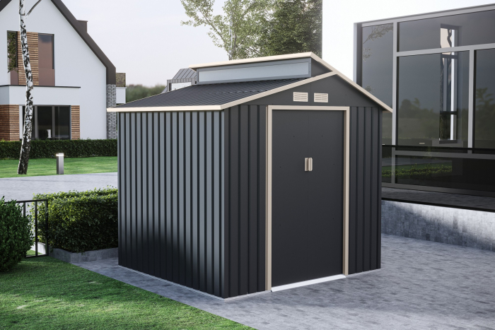Casuta / magazie de gradina premium metalica, MESTERINO Oscar B Gri/Bej, dimensiuni 220x193x214 cm, cu baza metalica [4]