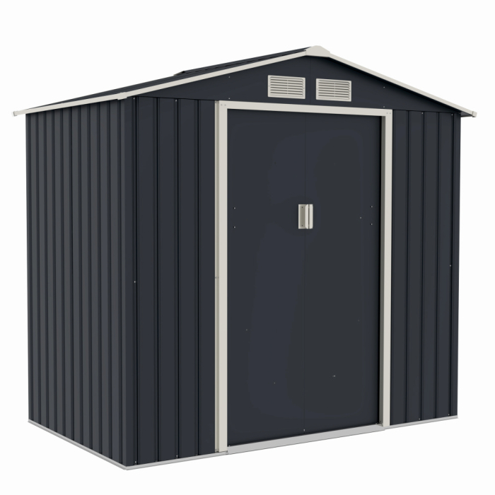 Casuta / magazie de gradina premium metalica MESTERINO Archer-A, Gri/Bej, dimensiuni 213x131x195 cm, cu usi culisante si baza metalica [2]