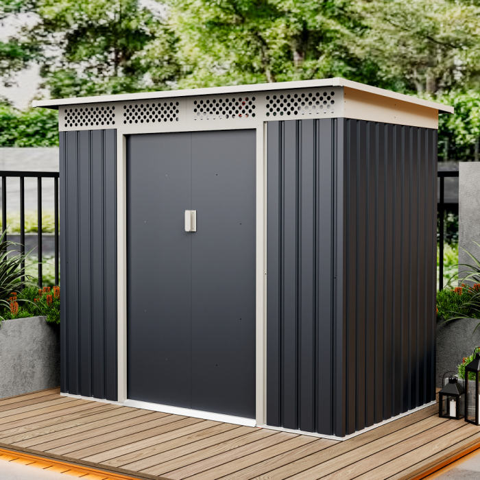 Casuta / magazie de gradina premium metalica, MESTERINO Bella-A, Gri/Bej, dimensiuni 215x142x184 cm, cu usi culisante si baza metalica [5]