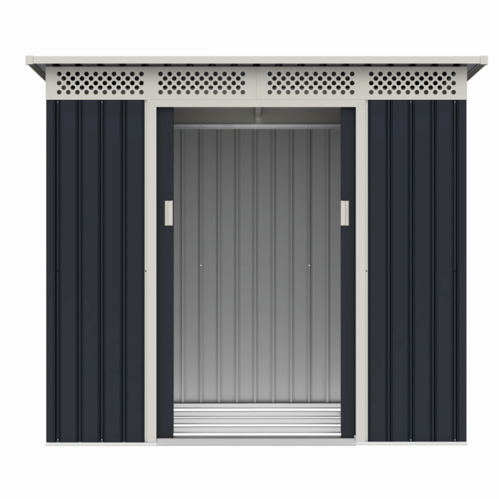 Casuta / magazie de gradina premium metalica, MESTERINO Bella-A, Gri/Bej, dimensiuni 215x142x184 cm, cu usi culisante si baza metalica [4]