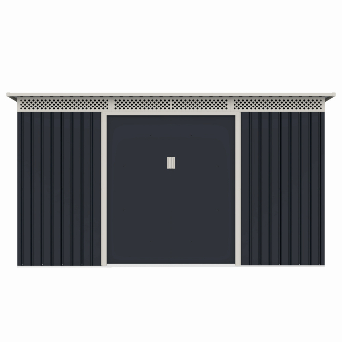 Casuta / magazie de gradina premium metalica, MESTERINO Bella-C, Gri/Bej, dimensiuni 343x142x184 cm, cu usi culisante si baza metalica [1]